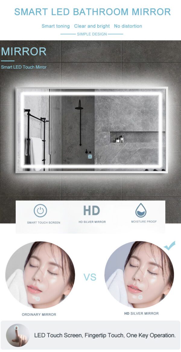 Miroir de salle de bain à écran tactile intelligent led, avec En option: Interrupteur tactile, interrupteur à capteur IR, désembueur de miroir, horloge numérique, BT, affichage de la température, radio, etc – Image 5