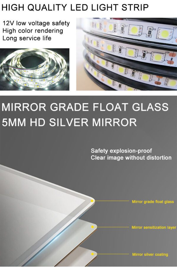 Miroir de salle de bain à écran tactile intelligent led, avec En option: Interrupteur tactile, interrupteur à capteur IR, désembueur de miroir, horloge numérique, BT, affichage de la température, radio, etc – Image 3