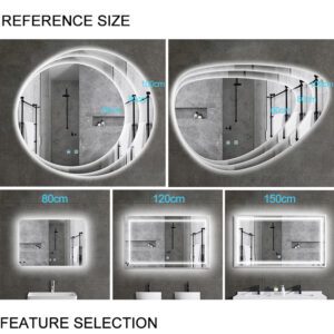 Miroir de salle de bain à écran tactile intelligent led, avec En option: Interrupteur tactile, interrupteur à capteur IR, désembueur de miroir, horloge numérique, BT, affichage de la température, radio, etc