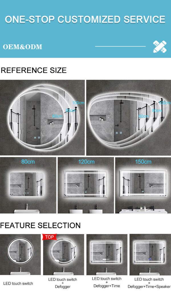 Miroir de salle de bain à écran tactile intelligent led, avec En option: Interrupteur tactile, interrupteur à capteur IR, désembueur de miroir, horloge numérique, BT, affichage de la température, radio, etc – Image 2